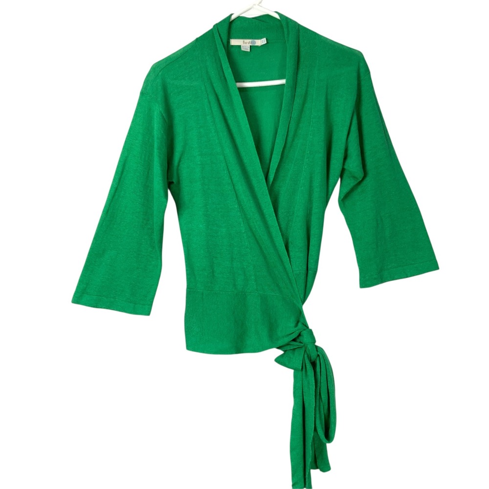 Boden Green Linen Wrap Top Size 4 Tie Closure Surplice 3/4 Sleeve Knit